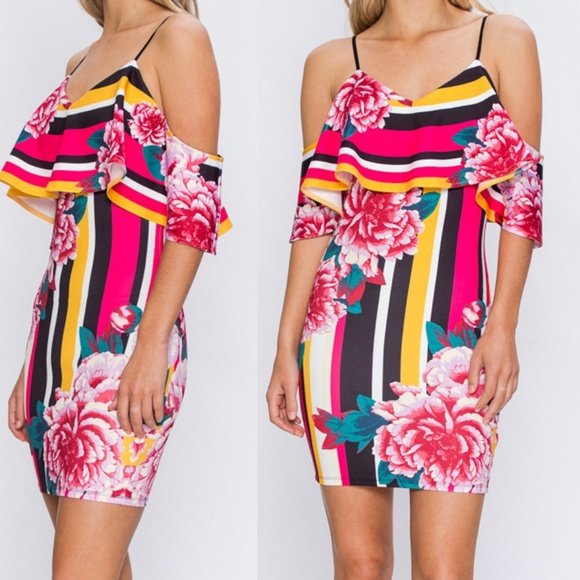 Luxe Label Dresses & Skirts - STRIPED FLORAL OFF THE SHOULDER MINI DRESS